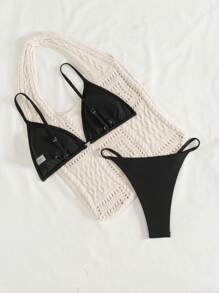 SHEIN Swim Women's Basic Solid Ribbed Triangle Bikini Set, For Summer Beach Vacation - Black - View 2