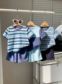 SHEIN Leap Crew 6pcs/Set Baby Boy & Girl Summer Casual Versatile Knit Patchwork Short Sleeve T-Shirt & Shorts Sets, Suitable For Spring/Summer Indoor & Outdoor Wear - Blue - View 1