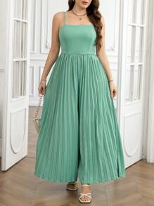 SHEIN Clasi Plus Size Women's Green Solid Color Sleeveless Suspender Waist Pleated Loose Fashion Wide Leg Jumpsuit Pants,Summer Outfits For Women - Green - View 5