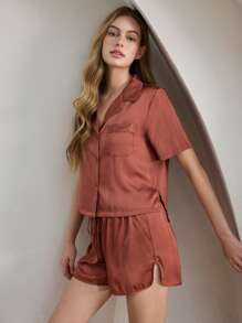 Ocili Leisure Women Solid Color V-Neck Short Sleeve Top And Shorts Pajama Set