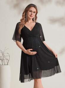 SHEIN 孕妇优雅闪亮网眼高腰连衣裙 - 黑色 - 查看 5