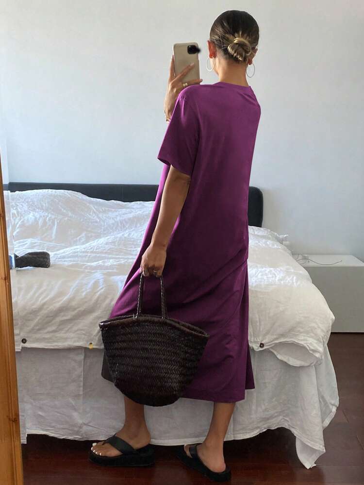 Straight Cut Solid Color Casual Loose Short Sleeve Dress For Women Sundress