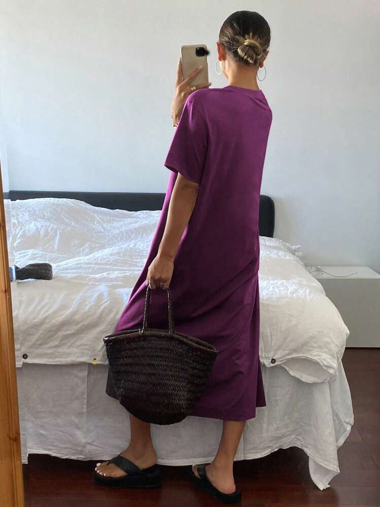 Livesso 直筒纯色休闲宽松短袖连衣裙女式太阳裙 - 紫色 - 查看 2