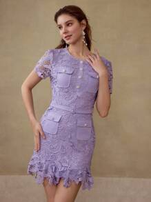 MOTF PREMIUM GUIPURE LACE POCKET PATCHED DRESS - Purple - View 5