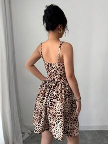 Elenzga Leopard Print Bustier Tie Front A-Line Elegant Romantic Lady Dress - Multicolor - View 2