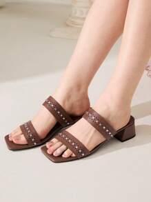 CUCCOO CHICEST Women's Laser Cutout Flower, Rhinestone Embellished Thick Block Heel Open Toe Strap Sandals, Brown - Brown - View 11