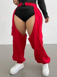 Flirla Sexy Solid Color Drawstring Ankle Pants, Minimalist Fashion Casual Everyday Wear - Red - View 4