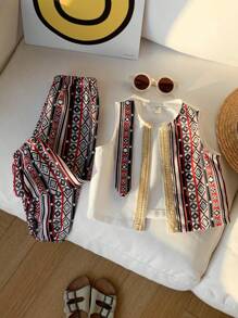 SHEIN 2pcs Baby Boy Traditional Retro Pattern Round Neck Short Sleeve Top And Elastic Waist Ankle Length Pants Set - Multicolor - View 7