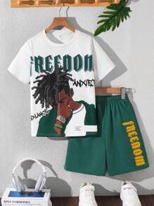 2pcs Tween Boys Street Style Casual Athletic Outfit, Includes Soft & Comfortable Graphic T-Shirt With Crew Neck And Elastic Waist Shorts, Suitable For Autumn, Spring, Summer, Daily Wear, Outdoor, School, Street, Party And Home - Multicolor - View 1