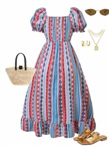 SHEIN Teen Girls Square Neck Puff Sleeve Print Long Dress
