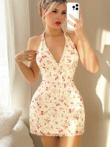 Sweetina Women's Y2k Floral Dress Women Going Out Spring Break Outfits Vacation Summer Spring Floral Print Sexy Halter Mini Dress For Everyday Wear - Multicolor - View 3