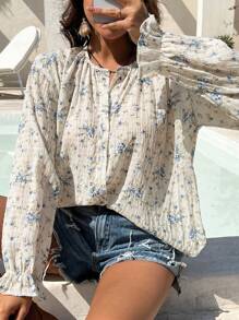 DAZY 度假风植物印花全身碎花喇叭袖圆领长袖女式衬衫 Y2k，秋季女装度假套装 - 米色 - 查看 1