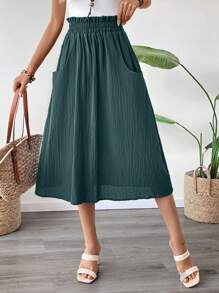 EMERY ROSE Women's Solid Color Frill Trim Waist Pocket Casual Skirt - Green - View 1
