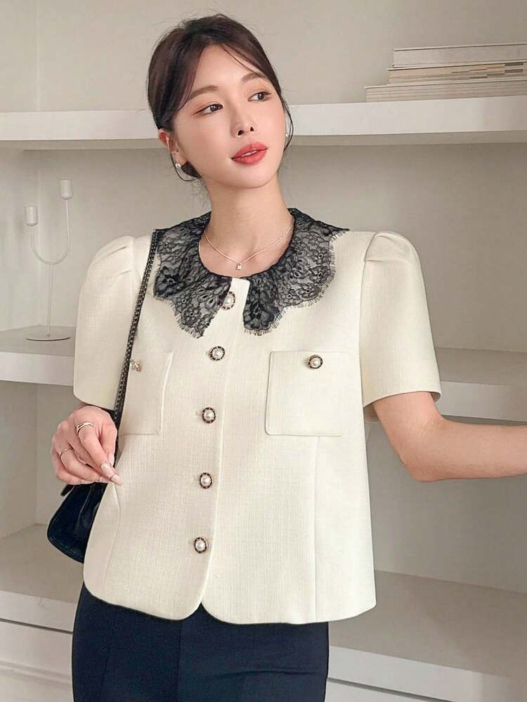 Women's Elegant Color Block Lace Patchwork Puff Sleeve Cropped Jacket