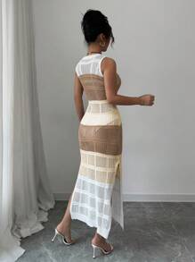 Elenzga Fashionable Sleeveless Hollow Out Crew Neck Knit Dress For Women