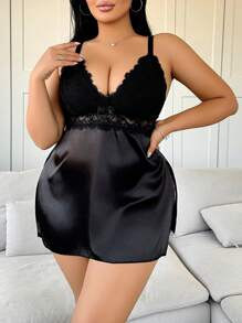 Plus Size 2pcs Lace Splice Satin Lingerie Set, Wireless - Black - View 4