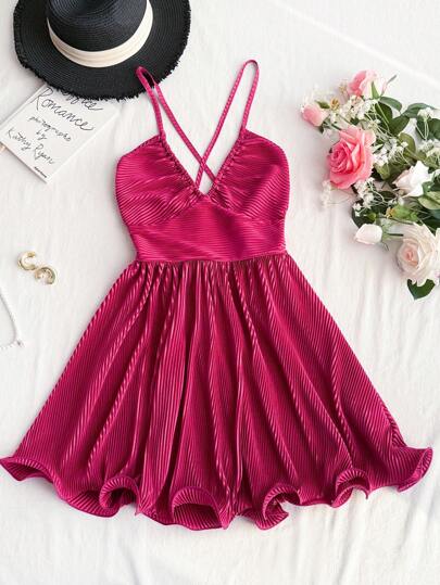 SHEIN VCAY Women's Solid Color Criss-Cross Back Fashion Spaghetti Strap Mini Dress,Vacation Outfits Woman,Vacation,Pink Dress