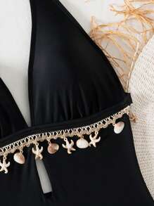 SHEIN Swim Đồ bơi một mảnh hở lưng gợi cảm cho nữ, màu trơn - màu đen - Xem 8