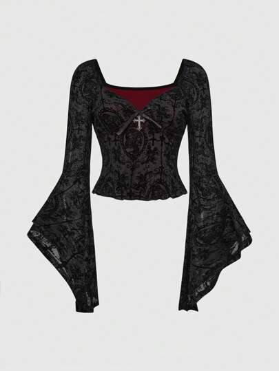 Gothic Retro Skull Cross Flocked Fabric Women Tight Fitting Top, Halloween