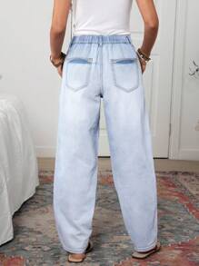 SHEIN LUNE Mid-Rise Waist Stretchy Waistband Loose Patchwork Design Women's Boyfriend Jeans - Blue - View 2