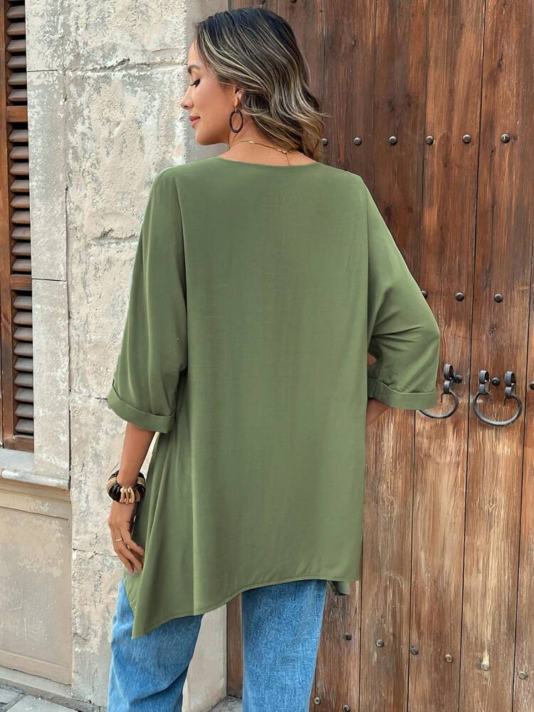 Women's Plain Crew Neck Batwing Sleeve Loose Pocket Casual Shirt
