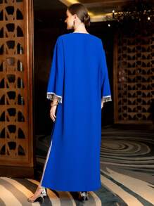 Al Najma Handmade Navy Blue Beaded Dress Kaftan Jalabiya Dress - Royal Blue - View 2