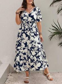 SHEIN Clasi Plus Size Women's Holiday Solid Color Floral Long V-Neck Dress - Multicolor - View 3