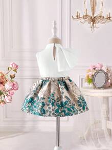 SHEIN Leap Crew Baby Girl Floral Print Ruffle Hem Top & Skirt 2pcs Sets, Summer