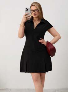 RueChic Short Plus Dress With Zipper And Pocket Details - Black - View 1