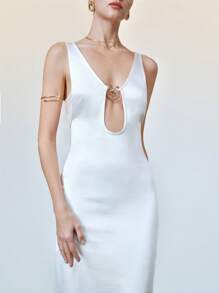 Chiquease Elegante abito in satin setoso simile alla seta, scollo a V profondo e senza maniche, elegante e sensuale abito da festa primaverile/estivo per donna - Bianco - Visualizzare 6