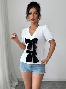 SHEIN Unity 女式 V 领短袖 T 恤，带撞色蝴蝶结装饰 - 白色 - 查看 5