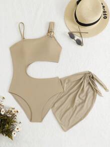 SHEIN Teen Girl Hollow-Out One-Piece Swimsuit (With Beach Skirt) - Apricot - View 7