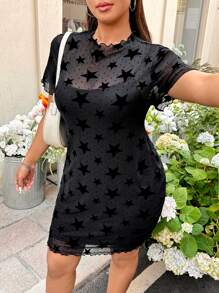 SHEIN EZwear 2pcs/Set Plus Size Women Vacation Star Velour & Mesh Dress,Spring Summer Clothes,Concert Outfit Women,Rave Outfits Festival,West