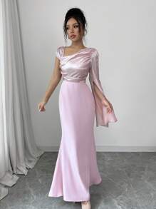 Elenzga 1 件女士粉色浪漫修身不对称肩长裙配金箔印花 - 粉色 - 查看 4