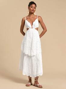 Travachic Solid Color Woven Eyelet Embroidery Waisted Hollow Out Strap Women Long Dress,Dresses For Women,Summer Outfits For Women - White - View 7
