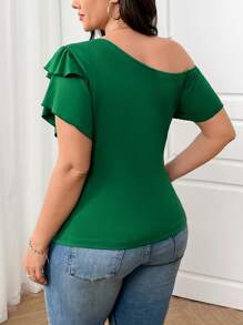 Rometta Plus Size Women Casual Versatile Open Shoulder Double Layer Ruffle Sleeve Bodycon Short Sleeve T-Shirt