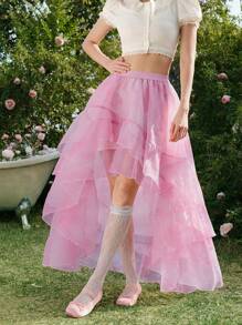 SHEIN MOD Romantisk drömsk lager-på-lager organza volangkjol asymmetrisk, perfekt för dejt, fest, semester, eftermiddagste, födelsedag, alla hjärtans dag, sommar för kvinnor, strand för kvinnor, ravefestival, semesterkvinna, festival för kvinnor, påskkvinnor, dejtkvällskjol för kvinnor - Rosa - Visa 3