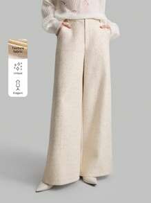 Ontre 女装 2025 新款春季情人节象牙色粗花呢点缀高腰优雅阔腿裤带口袋，复古风格西装裤 - 白色 - 查看 1