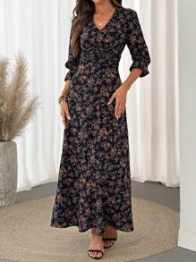 SHEIN LUNE Shirred Puff Sleeve, Cinched Waist, Ruffle Hem A-Line Dress, Casual Vacation Elegant Outfit For Ladies - Multicolor - View 3