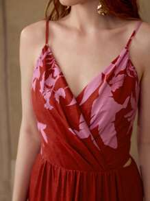 MOTF LINEN TROPICAL PRINT VACATION STYLE DRESS - Red - View 2