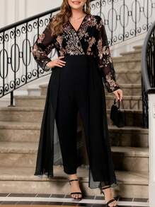 SHEIN Clasi Plus Size Women's Sequin Black Elegant Jumpsuit, Spring/Summer ,Vacation Outfits Woman,Going Out Outfits,Valentine's Day,Rompers For Women,Jumpsuit Women Elegant