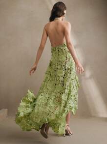 Anewsta 女士优雅度假海滩立体花卉露背无袖细肩带不对称下摆透明覆盖连衣裙，夏季节日外出度假服装