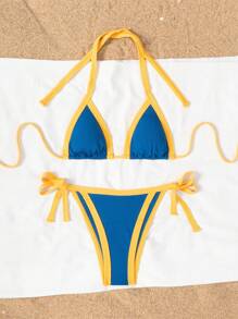 Conjunto de bikini deportivo de 2 piezas con cuello de corbata de contraste para mujer, para verano y vacaciones en la playa