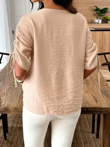 SHEIN LUNE Drawstring Solid Color Casual Shirt, Simple & Fashionable For Everyday Wear - Khaki - View 2