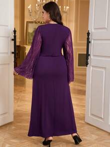 Modelyn Plus Size Lace Patchwork Long Sleeve Elegant Dress - Purple - View 2