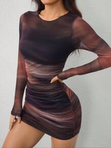 SHEIN PETITE Vestido Míni Drapeado de Lycra Estampa tie-dye para Mulher