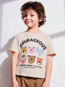 SHEIN 适合年轻男孩的彩色动物印花短袖 T 恤和短裤休闲装