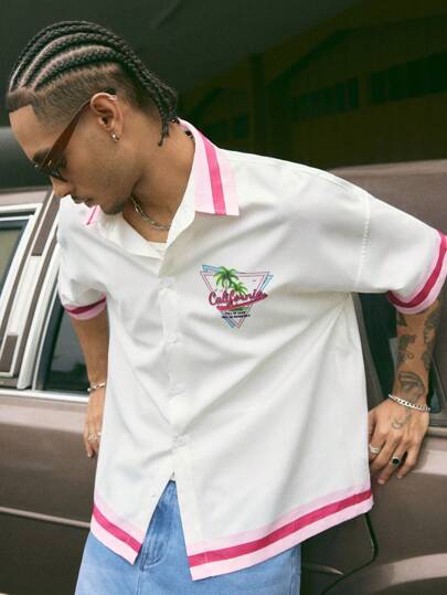 AXEPEAK Camisa blanca de manga corta y oversize con estampado digital, edición de ropa urbana para hombres