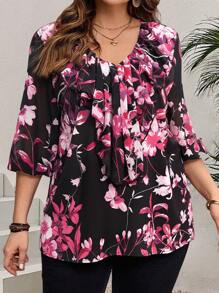 EMERY ROSE Plus Size Women 3/4 Sleeve Floral Printed Blouse, Ruffle Top, Early Spring And Summer Outfits For Women