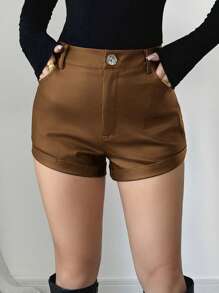 SHEIN Unity Burgundy Regular Length Cuffed Women's Shorts, New Autumn Collection - Brown - View 4